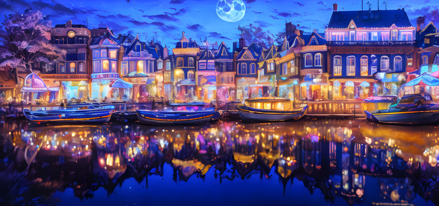 Colorful buildings and boats on illuminated canal at night