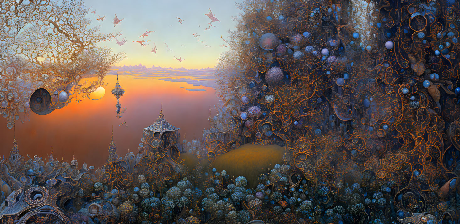 Fantastical landscape with ornate trees, floating islands, and warm sunset.