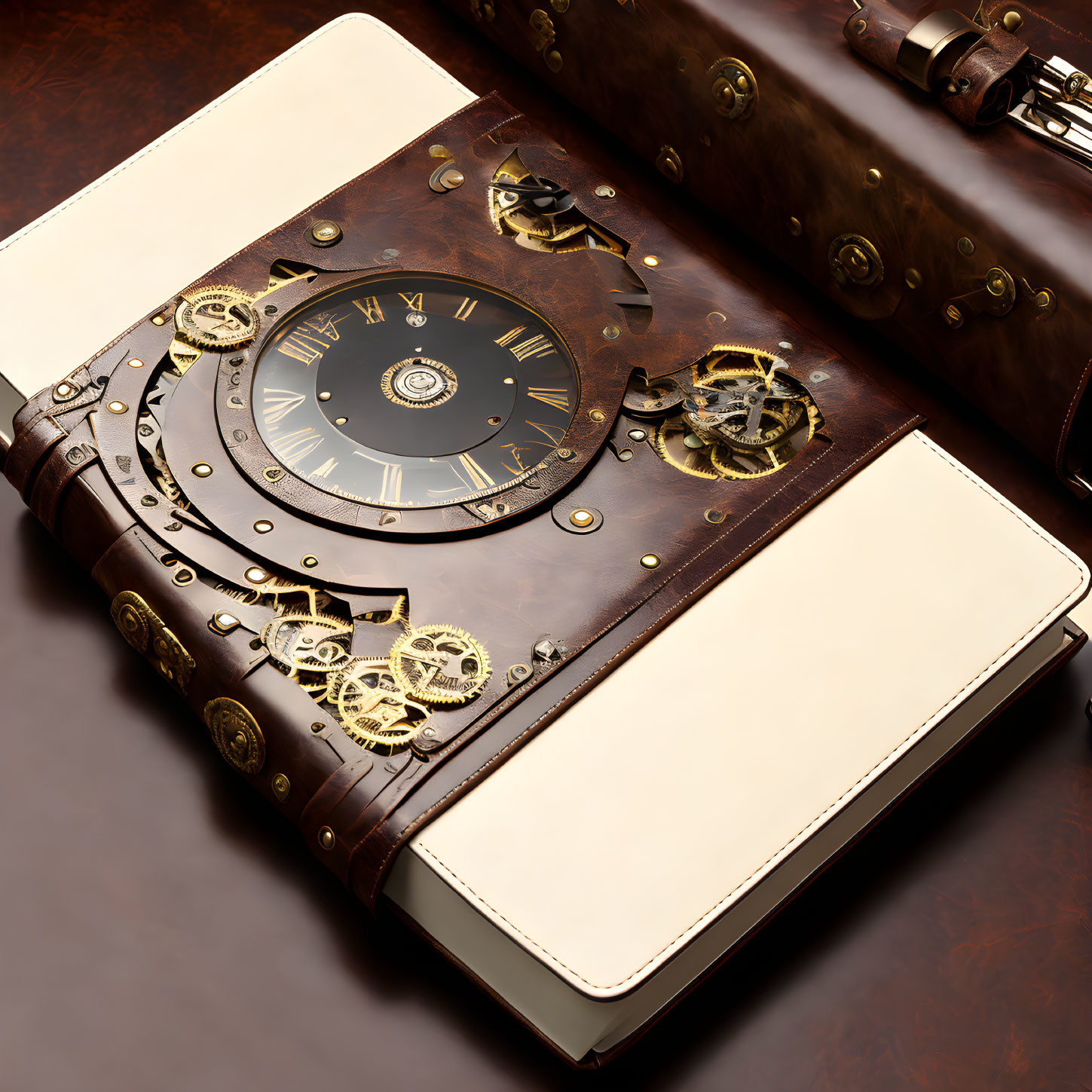 Steampunk-inspired leather journal with metallic gears and clock face on dark surface