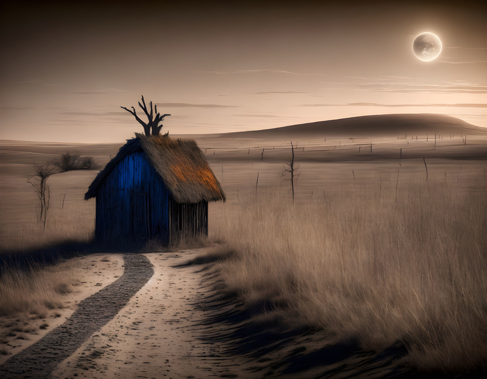 Blue Wooden Hut in Golden Field under Moonlit Sky
