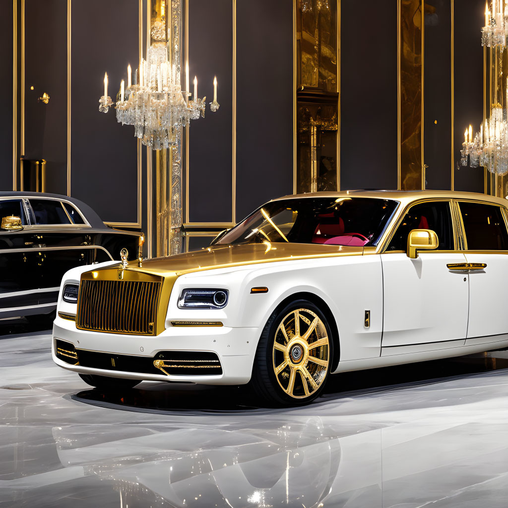 Luxurious White Rolls-Royce with Gold Trim in Opulent Showroom