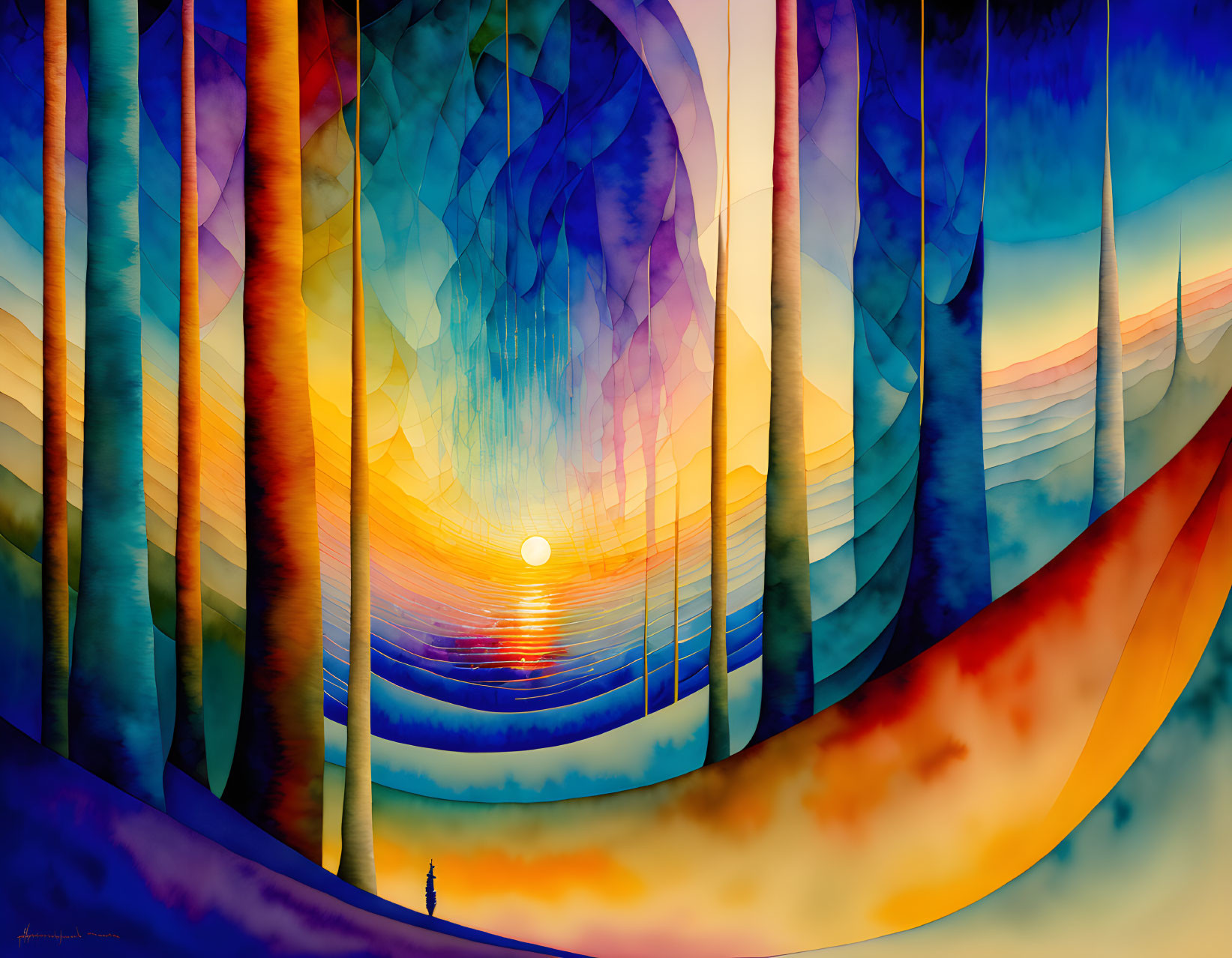 Vibrant forest painting with sunset backdrop and elongated tree trunks
