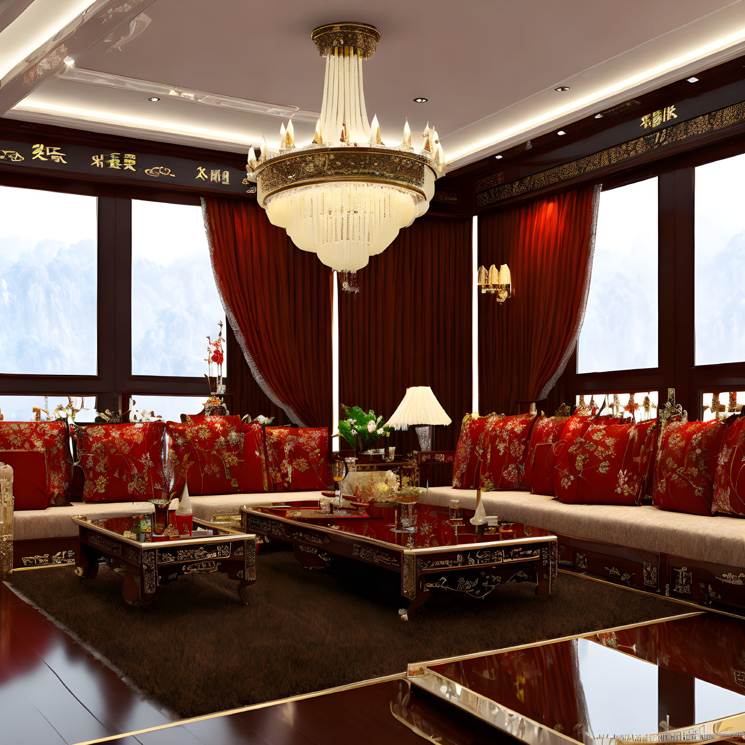 Luxurious Red-Cushioned Sofas, Wooden Tables, Chandelier, Curtains, and Asian