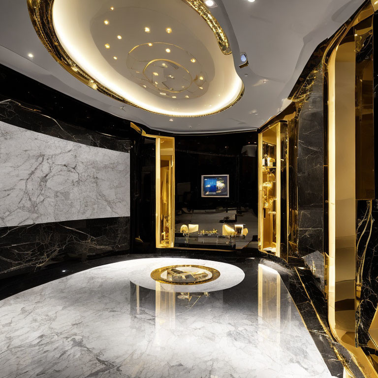 Opulent bathroom with marble, gold accents, circular mirror, modern fixtures