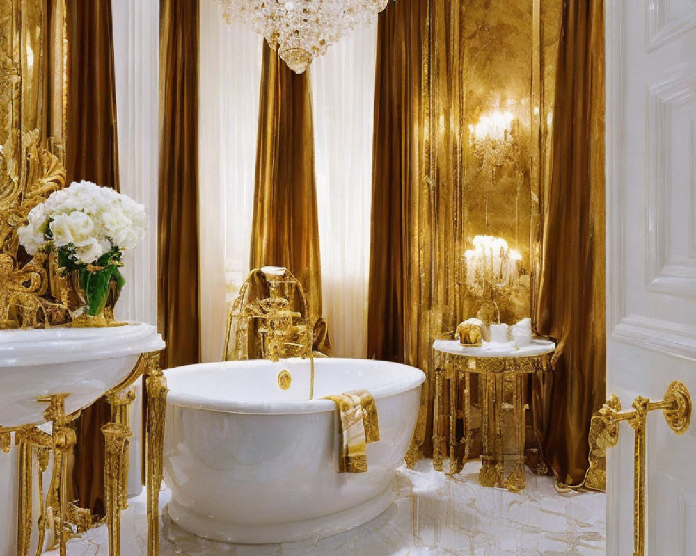 Luxurious White and Gold Bathroom with Freestanding Tub and Marble Floors