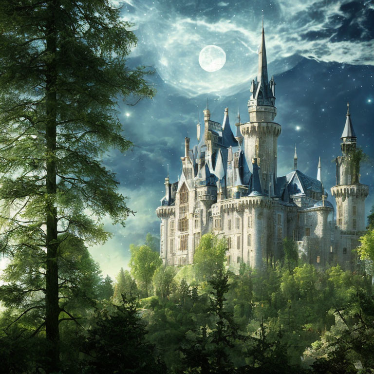 Majestic castle in forest under starry sky with full moon