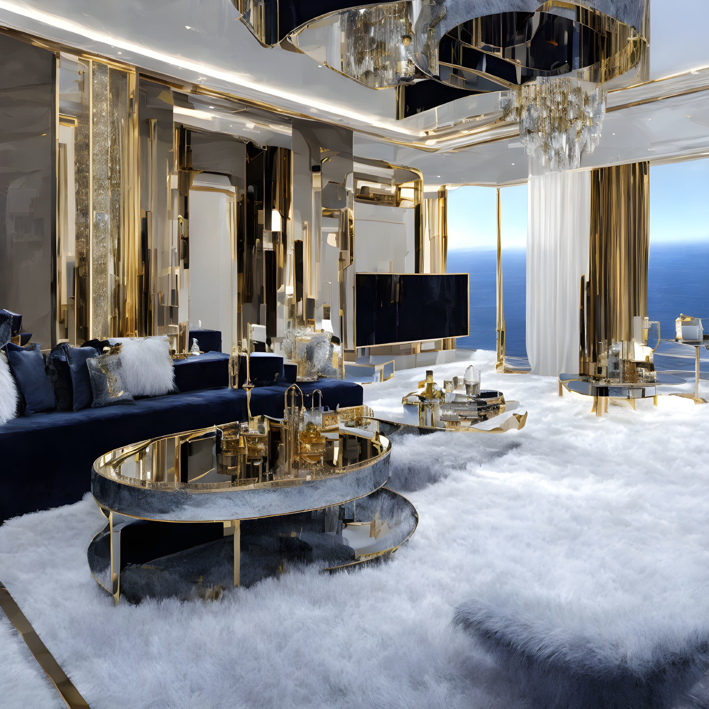 Opulent Interior with Gold Accents and Ocean View