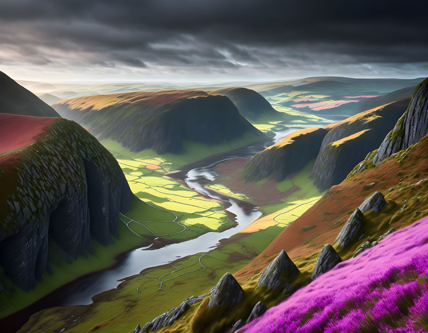 Scenic landscape with sunbeams, green valleys, hills, and purple flowers