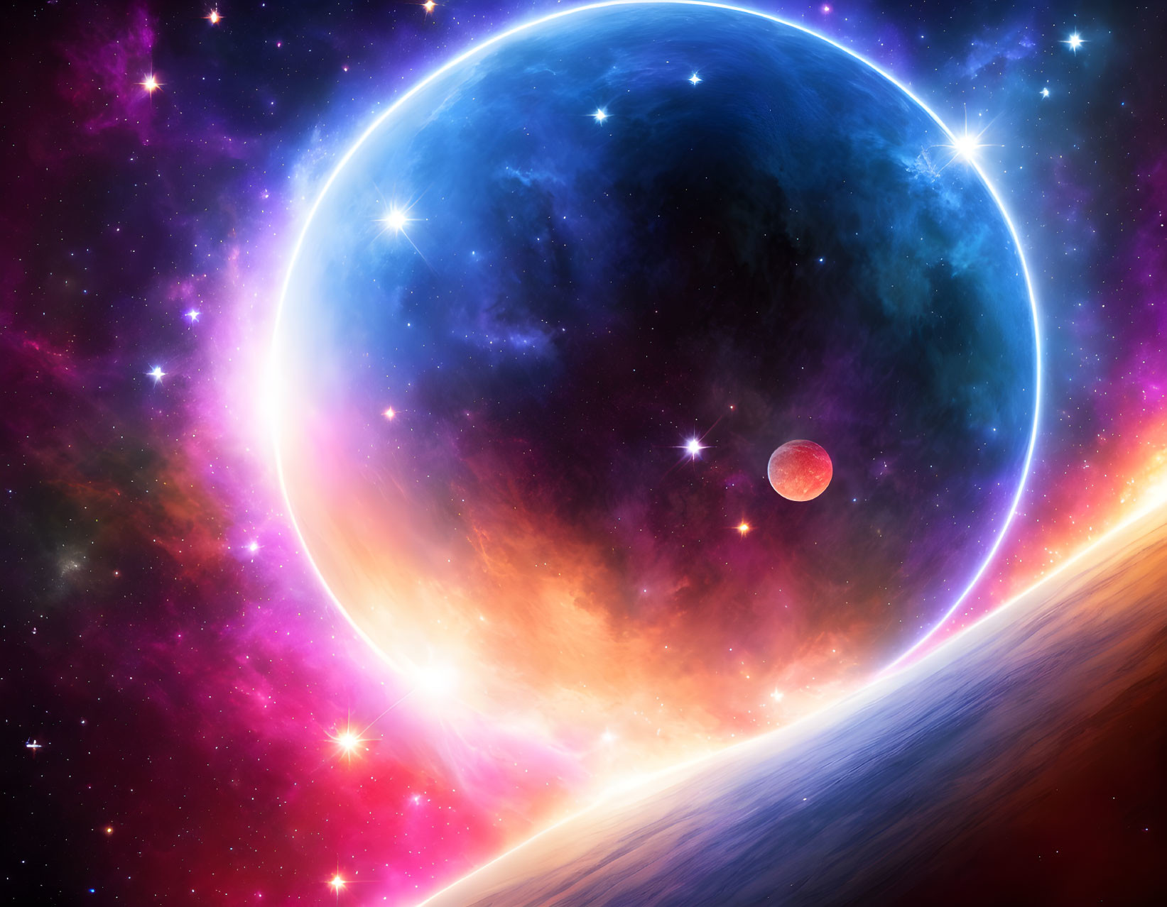 Colorful cosmic scene with blue planet, red moon, and nebula.