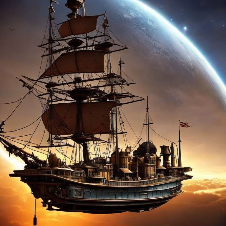 Fantastical ship with old-fashioned sails and steam-powered machinery soaring in cloudy sky with large planet.