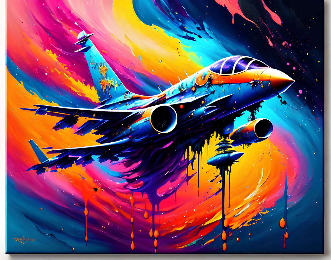 Colorful surreal painting of a jet with vibrant splashes and abstract background