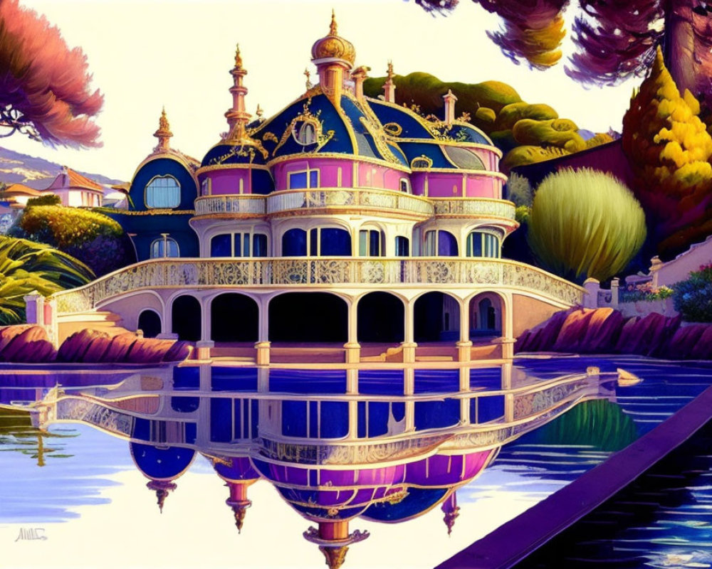 Colorful Palace with Onion Domes Reflected in Moat