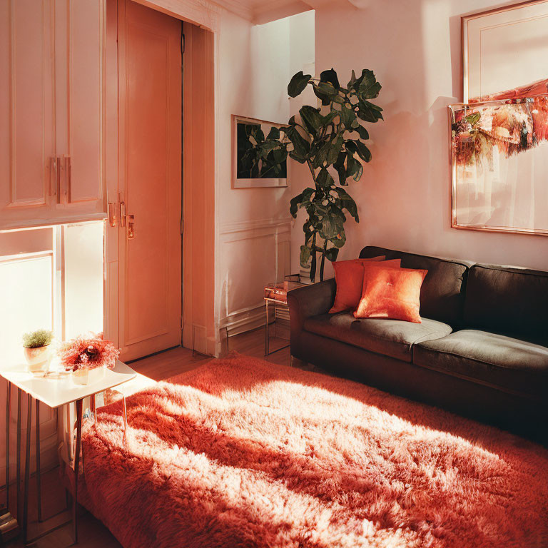 Cozy Living Room with Black Leather Sofa & Pink Rug