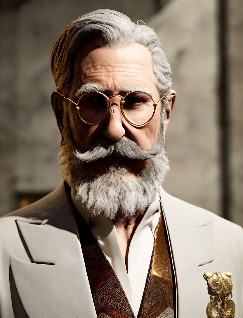 Detailed 3D rendering: Elderly man in white suit, round glasses