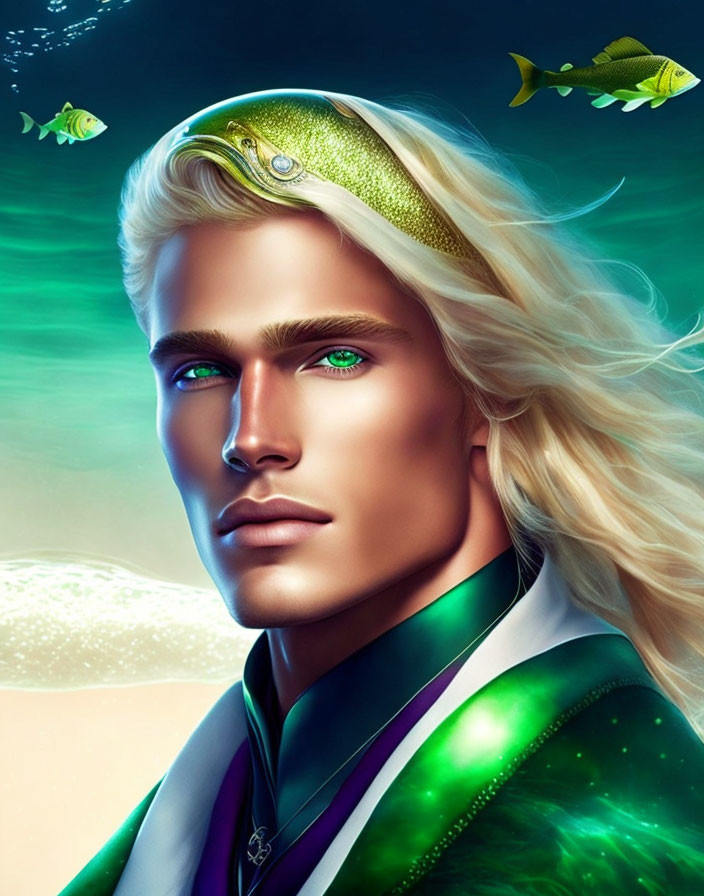 Blond-haired man with fish crown in underwater digital art