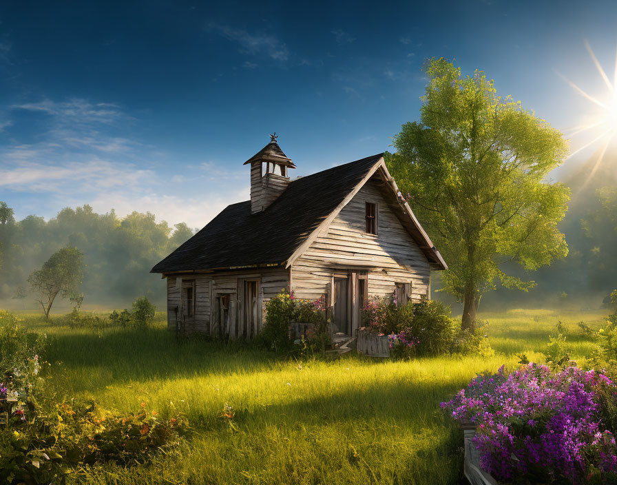 Rustic wooden church in green landscape with purple flowers and sunbeams