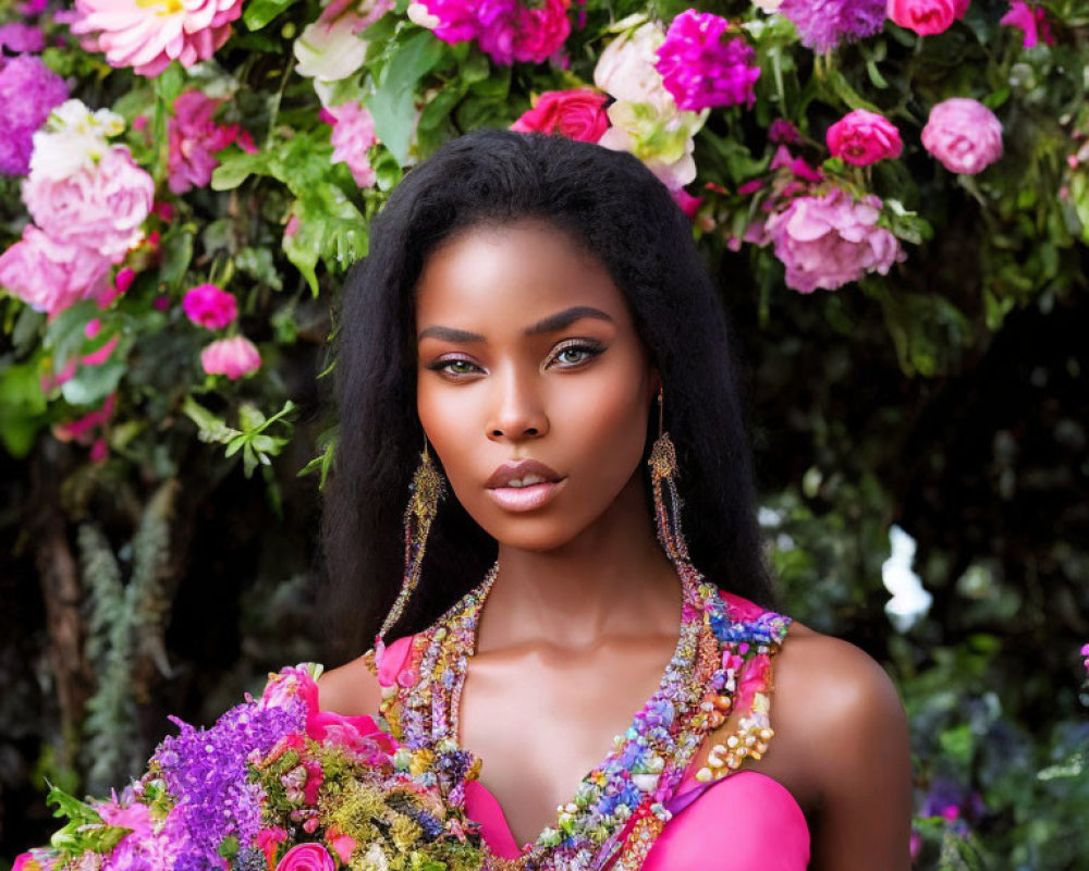 Woman with Striking Makeup and Elegant Jewelry Poses in Lush Garden