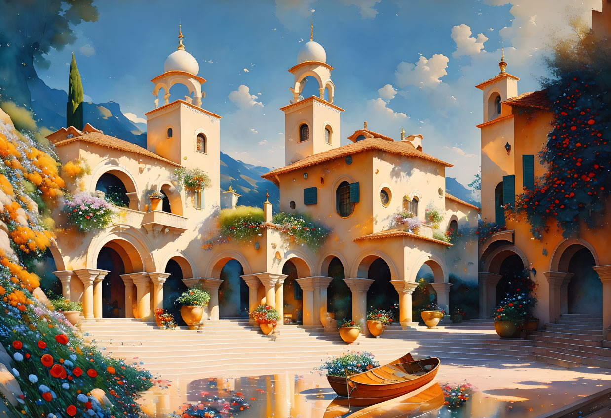 Sunlit Mediterranean-style village painting with blooming flowers and idyllic boat