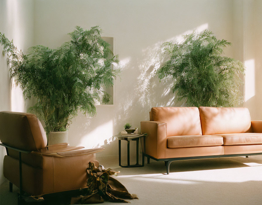 Sunlit minimalist living room with leather sofa, armchair, and indoor plants.