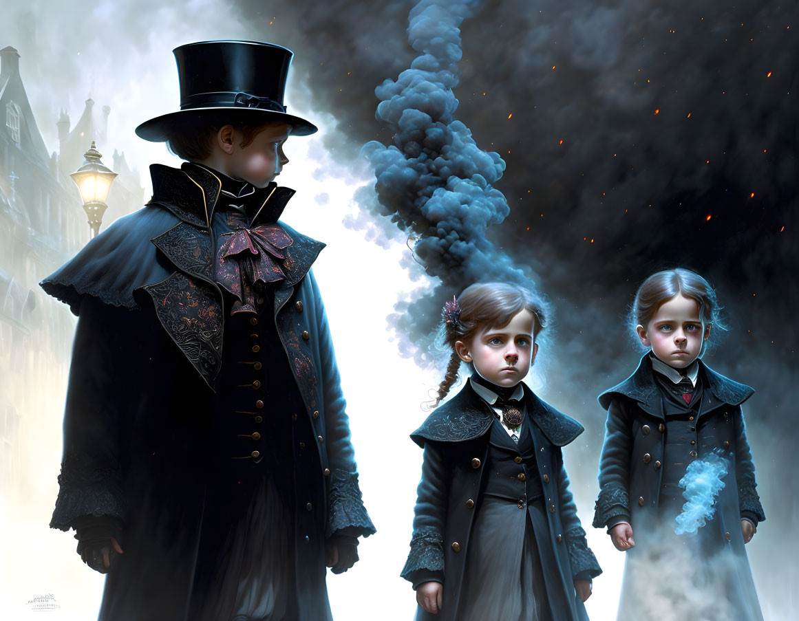 Victorian-era styled children in somber pose against dark, smoky backdrop