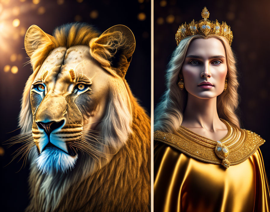 Majestic lion and regal woman in golden attire juxtaposed
