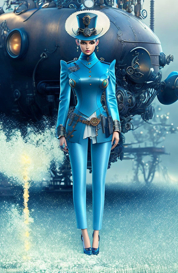 Futuristic woman in blue military uniform by steampunk mechanical structure