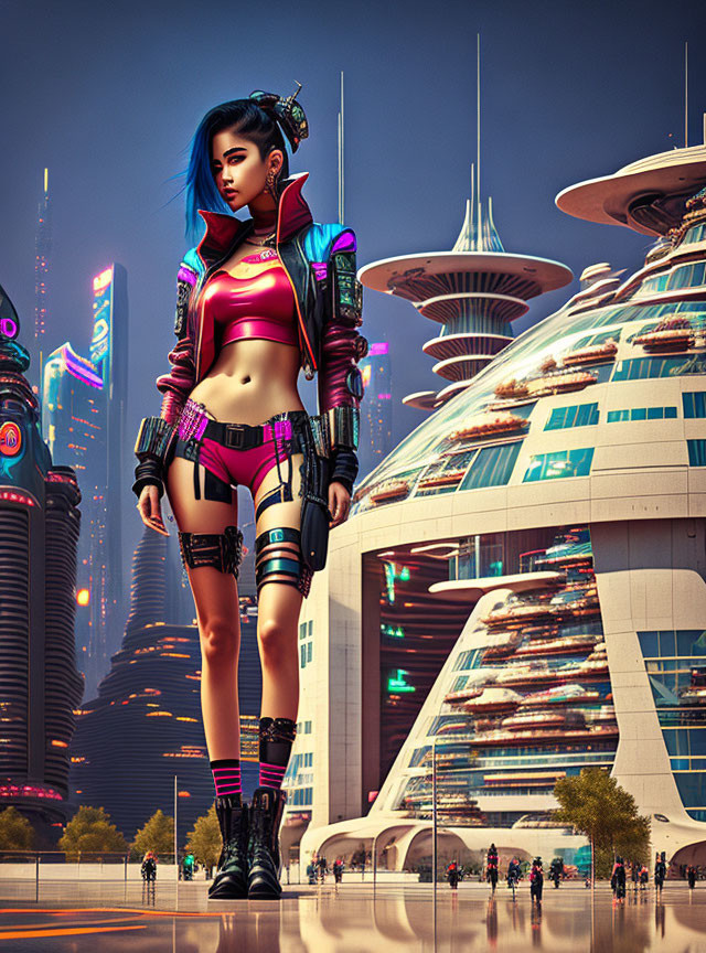 Futuristic cyberpunk-style female character in pink and black outfit in advanced cityscape