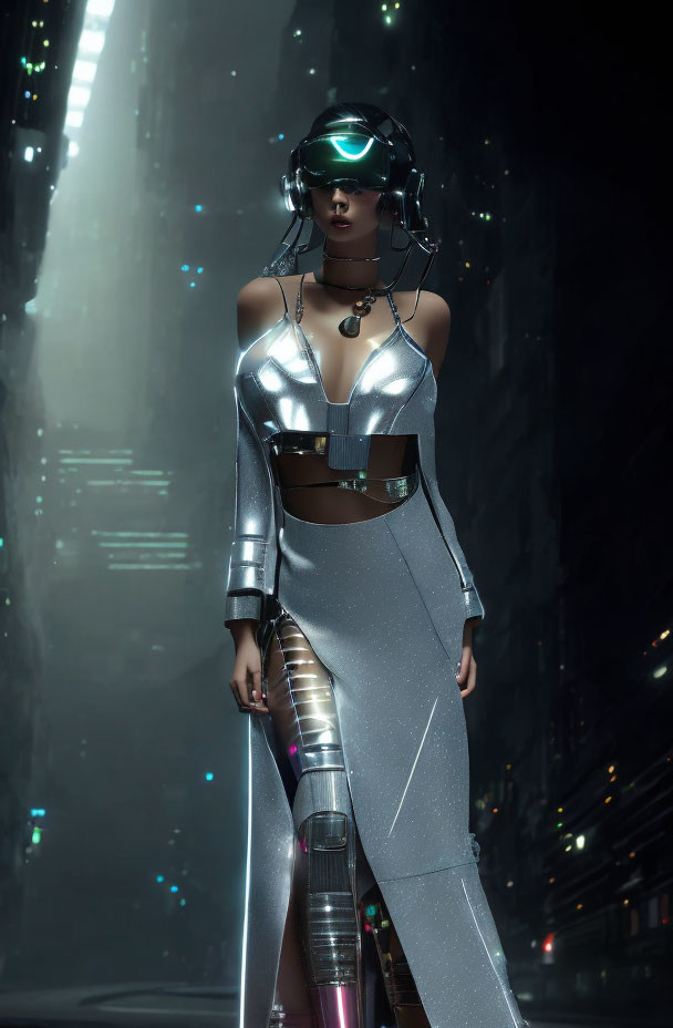 Futuristic woman in metallic outfit with glowing visor in cyberpunk cityscape
