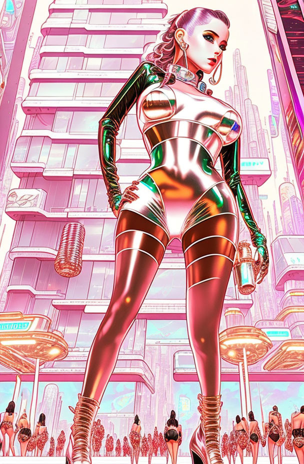 Futuristic illustration of woman in metallic bodysuit in pink cityscape