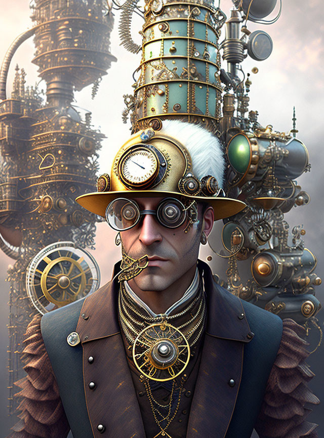Steampunk-themed image with man in gear attire and mechanical bird against intricate towers