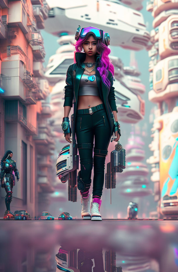 Futuristic purple-haired girl in neon-lit city with robots and helmet.