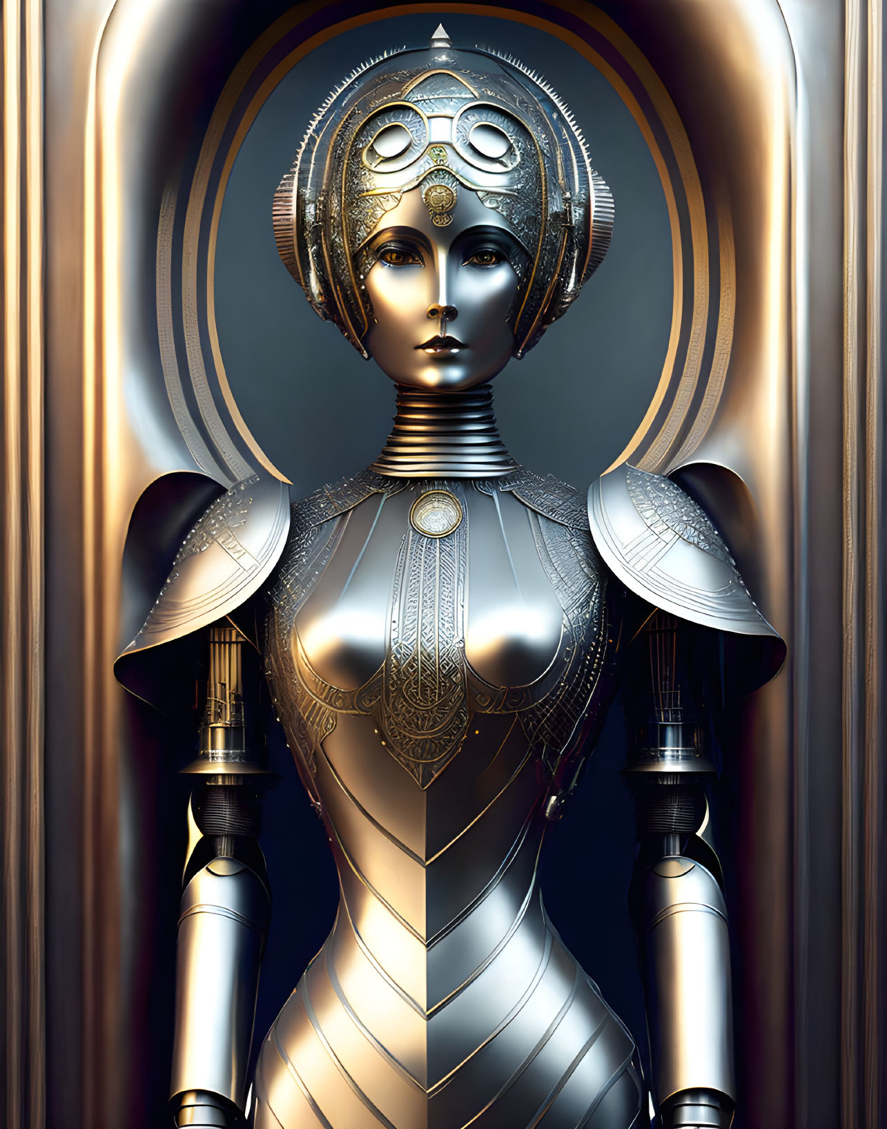 Futuristic female robot in ornate metallic headpiece and body armor on golden-curved backdrop