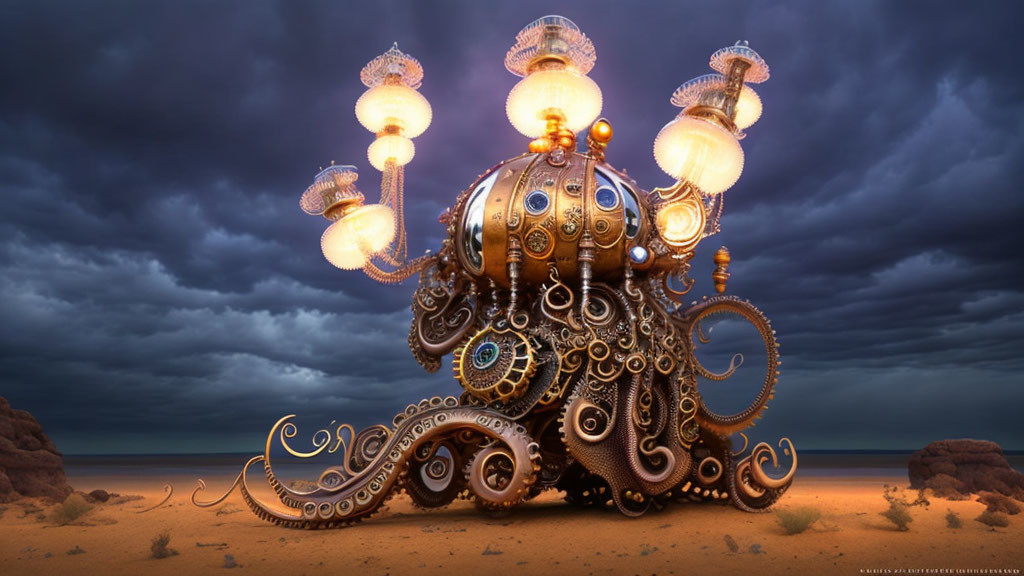 Steampunk octopus sculpture with glowing lamps in desert sky