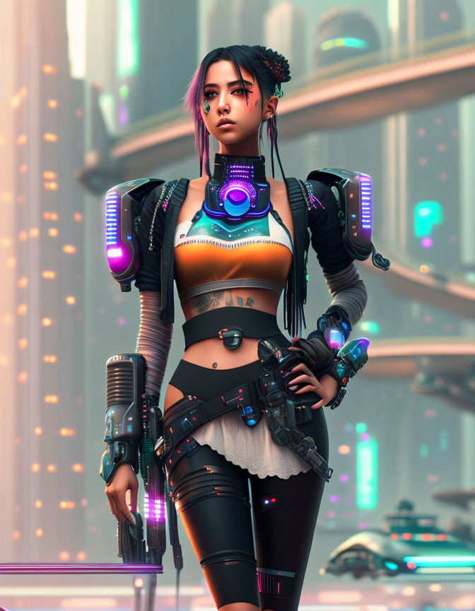 Futuristic woman with purple hair and cybernetic enhancements in neon-lit cityscape.