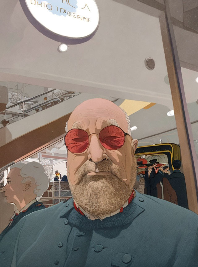 Elderly man in red sunglasses and blue coat in crowded indoor scene