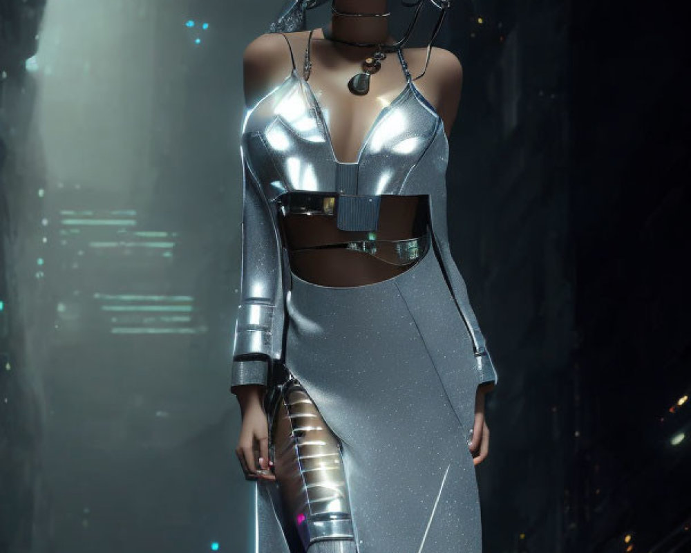 Futuristic woman in metallic outfit with glowing visor in cyberpunk cityscape