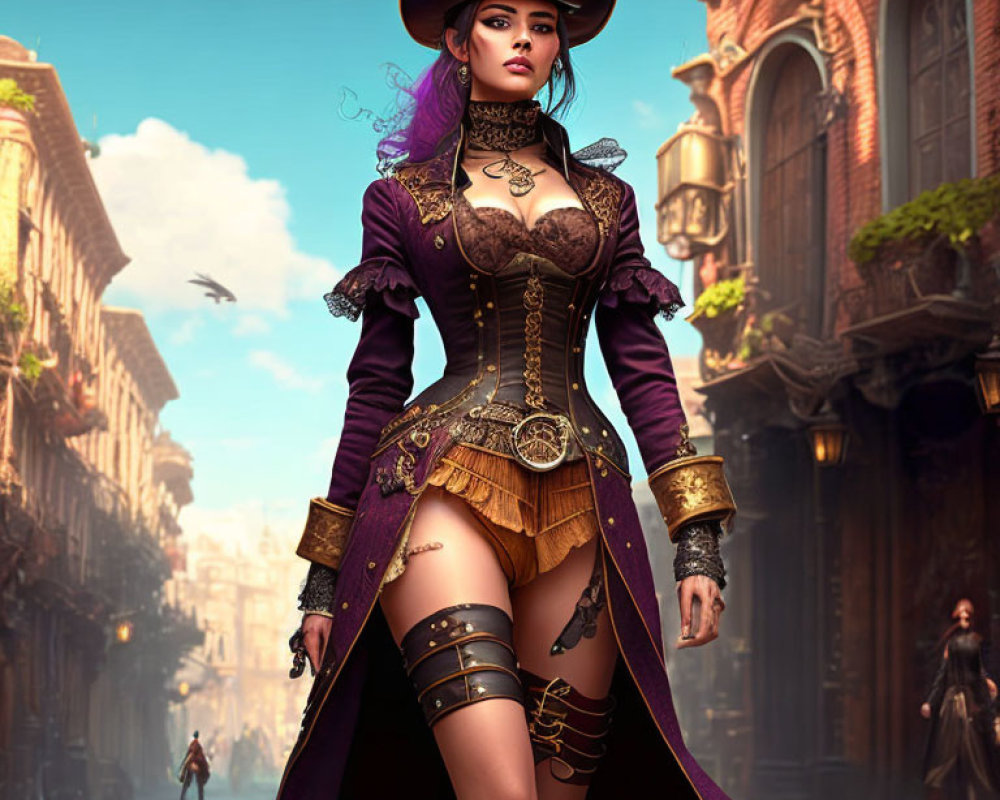 Female character in pirate costume with tricorne hat in historical street setting.
