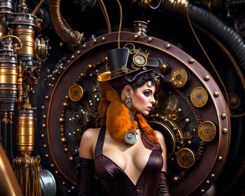 Steampunk woman with top hat, goggles, corset, brass gears & pipes