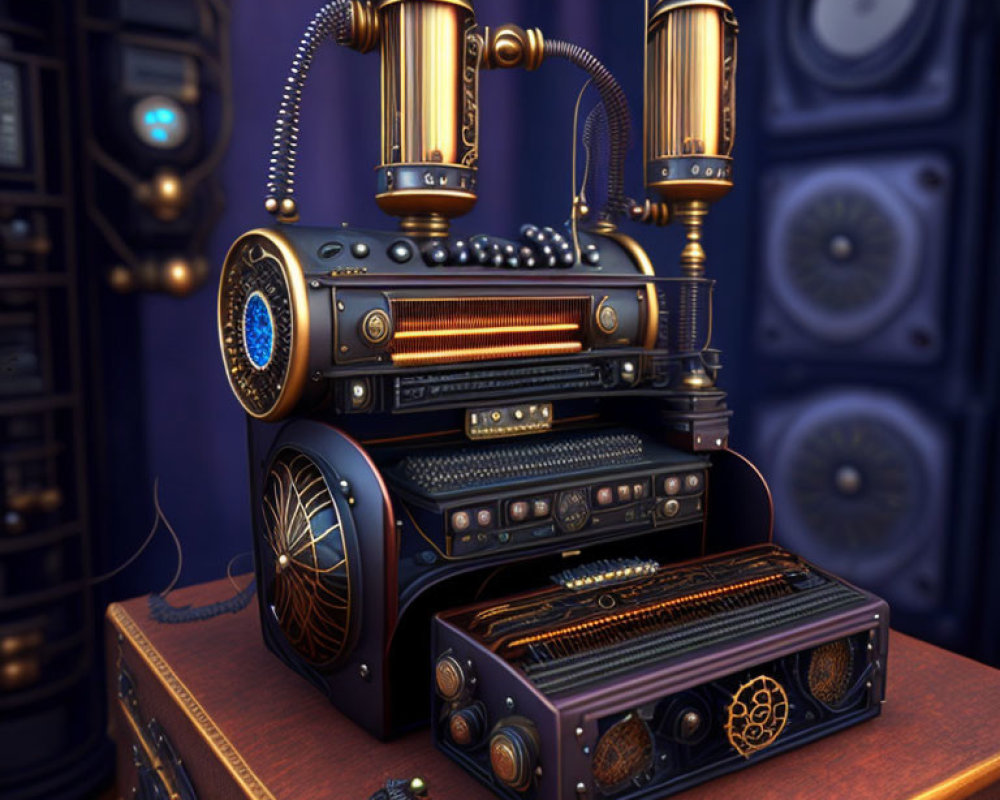 Vintage Steampunk Radio with Brass Accents and Gears on Wooden Table