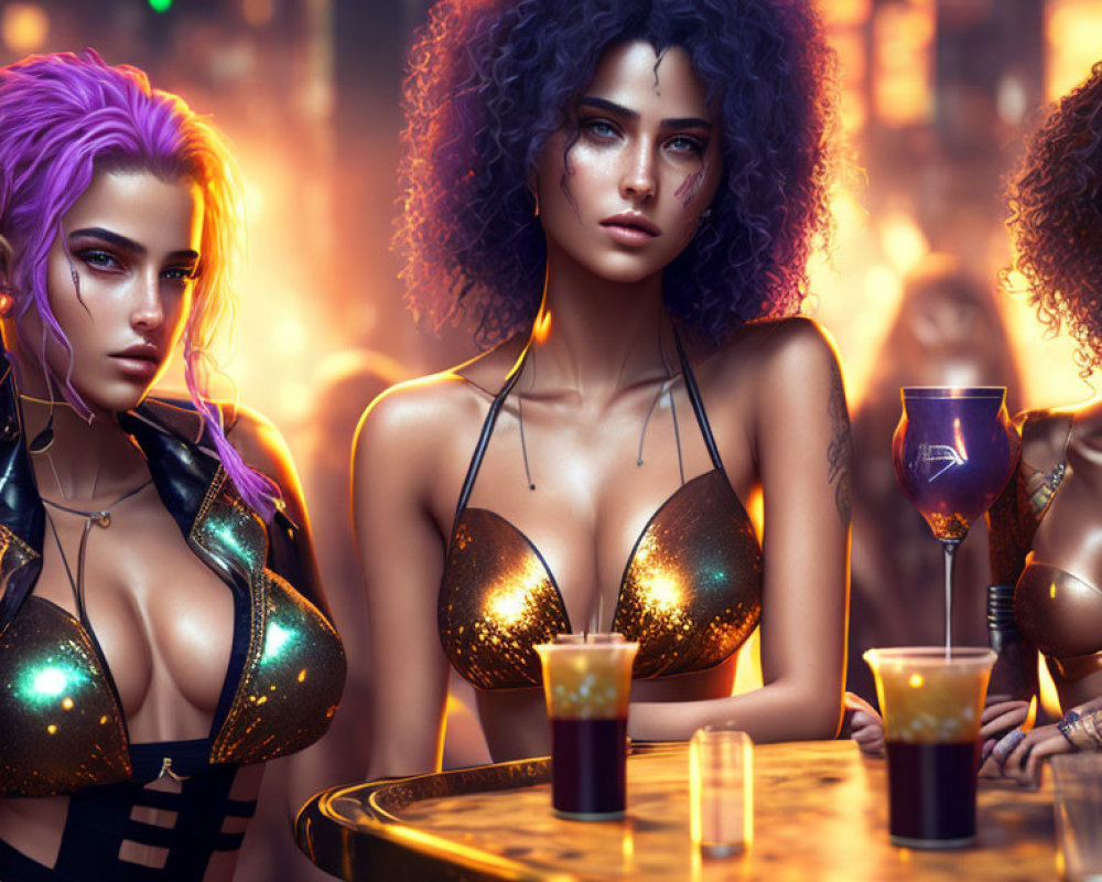 Vibrant neon-lit bar scene with three stylized women and colorful hair.