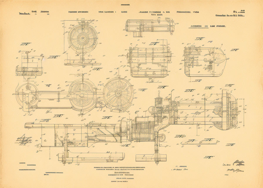 Detailed Vintage Technical Drawing of Machine with Schematics and Annotations on Sepia Background