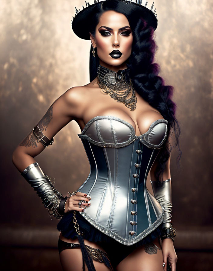 Dark-haired woman in dramatic makeup and silver corset with wide-brimmed hat and ornate accessories