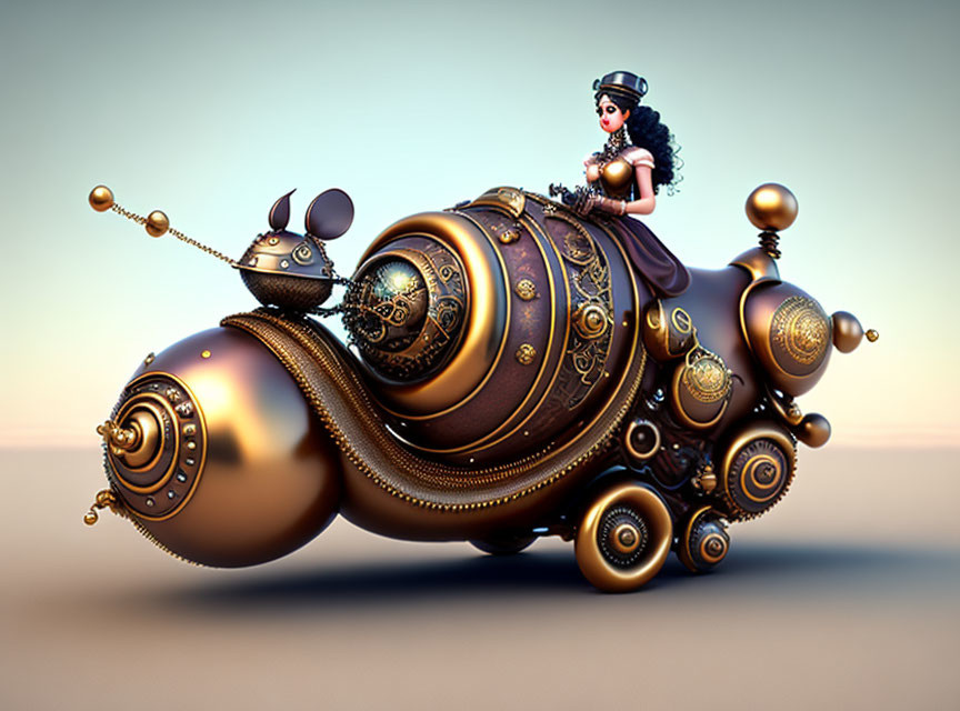 Intricate steampunk 3D artwork featuring woman on ornate snail