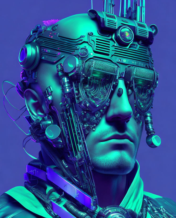 Cybernetic being with vibrant purple and blue lighting on mechanical face.