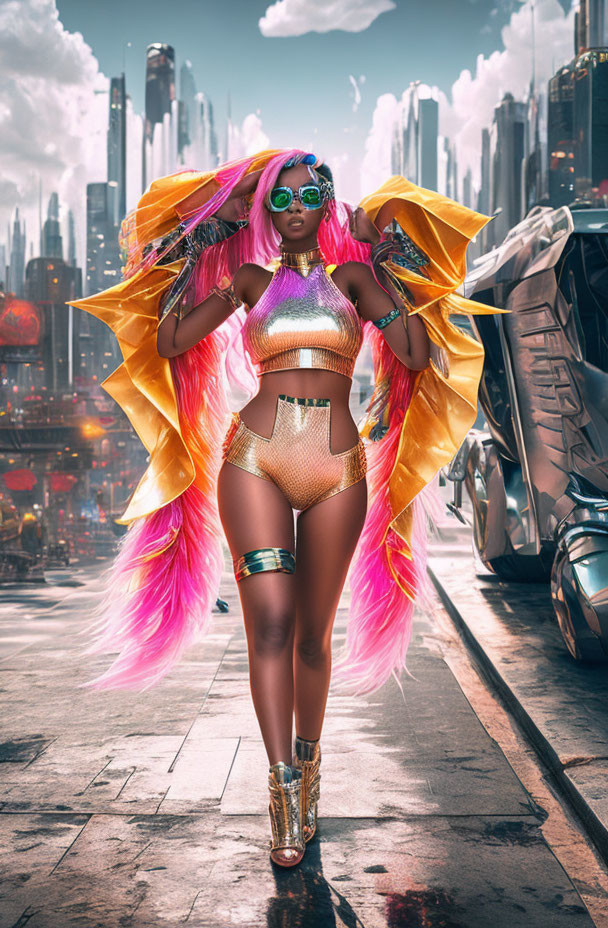 Futuristic woman with pink hair and sunglasses in city street scene