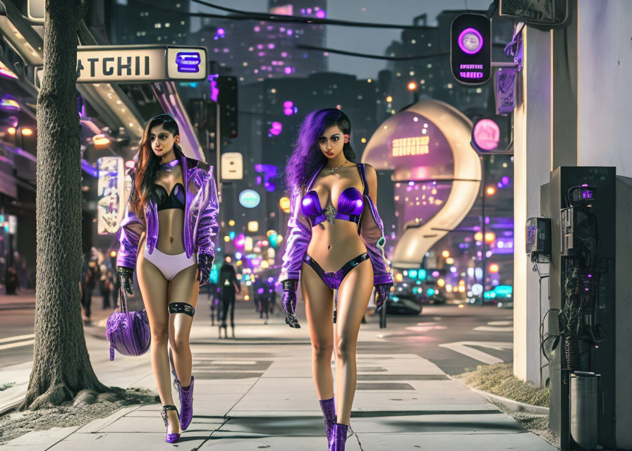 Futuristic women in purple outfits on city street with neon lights