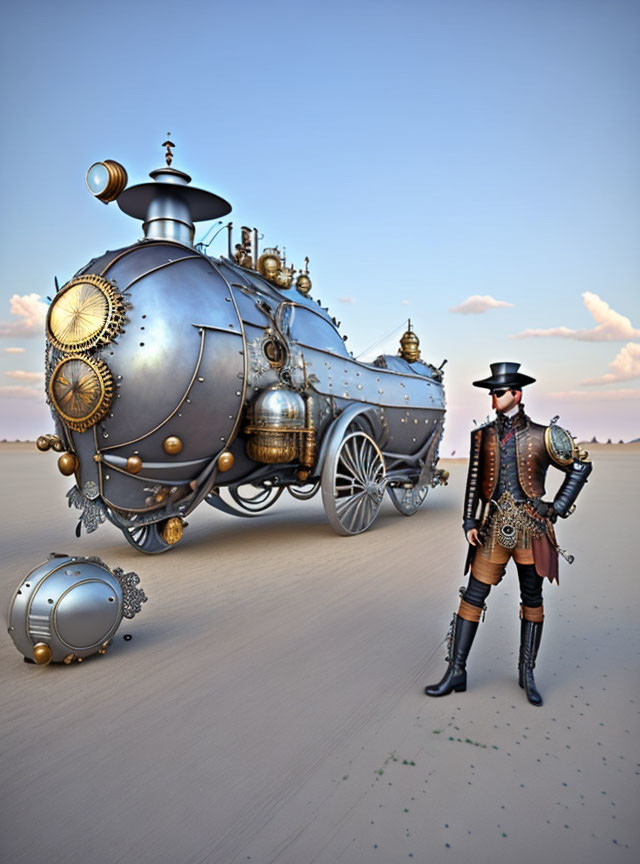 Steampunk attire person with vehicle in flat landscape