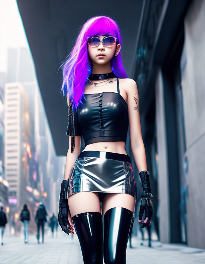 Fashionable individual with purple hair and sunglasses strolling confidently in urban setting.
