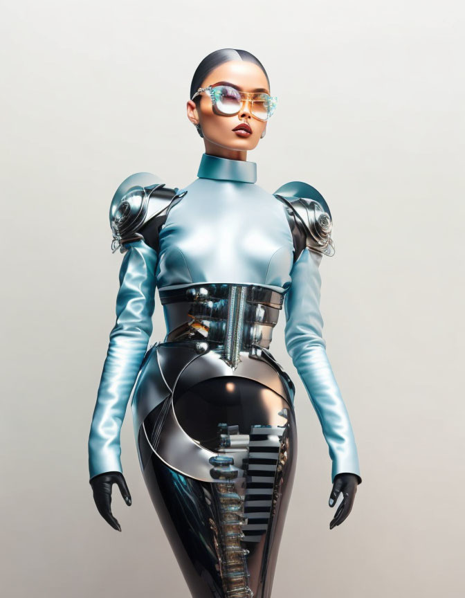 Futuristic Woman in Blue Attire with Chrome Accents