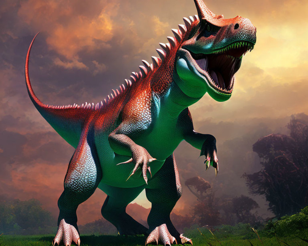 Colorful digitally-rendered dinosaur in misty prehistoric landscape
